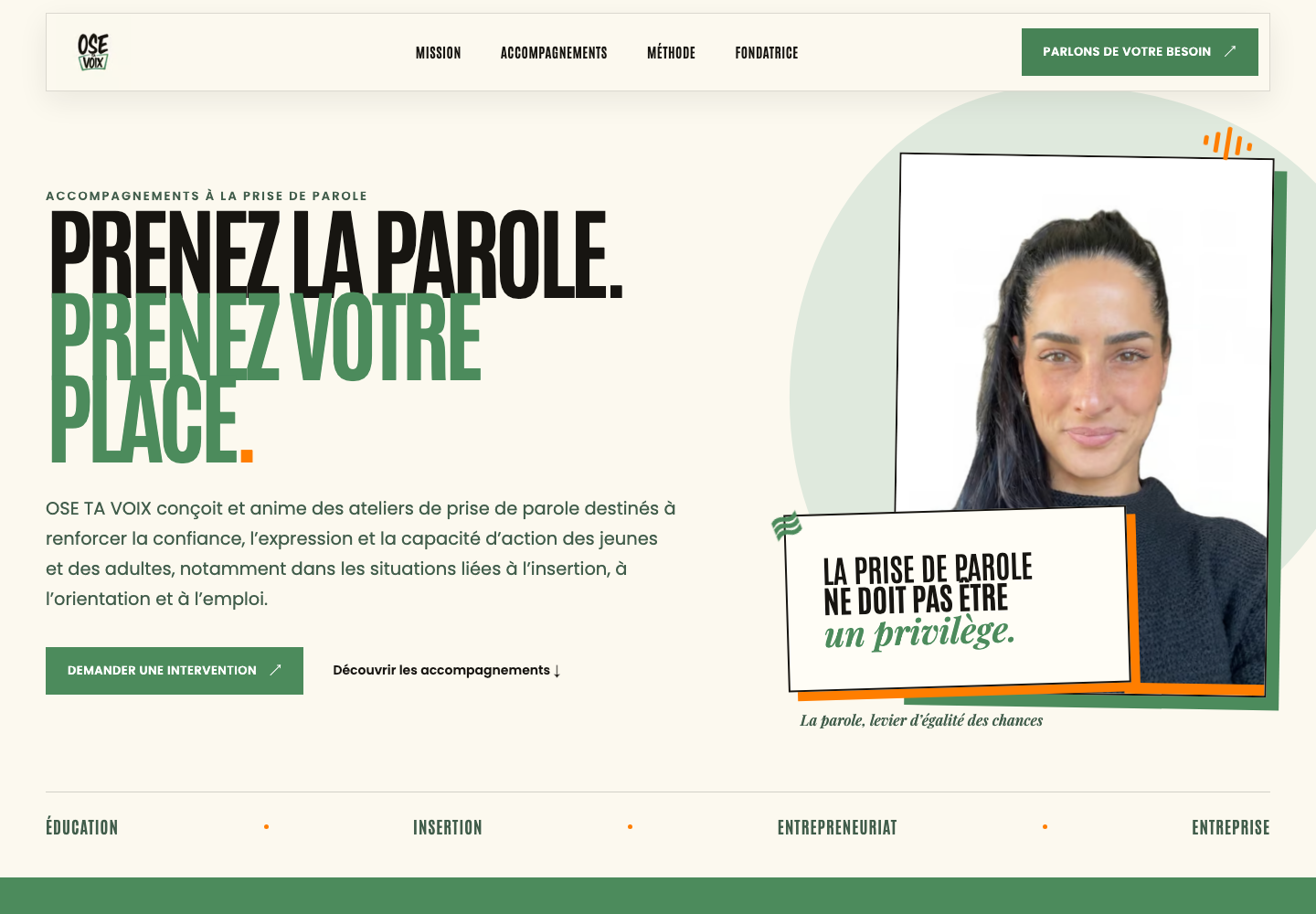 Capture de la page d’accueil OSE TA VOIX présentant le projet et sa fondatrice